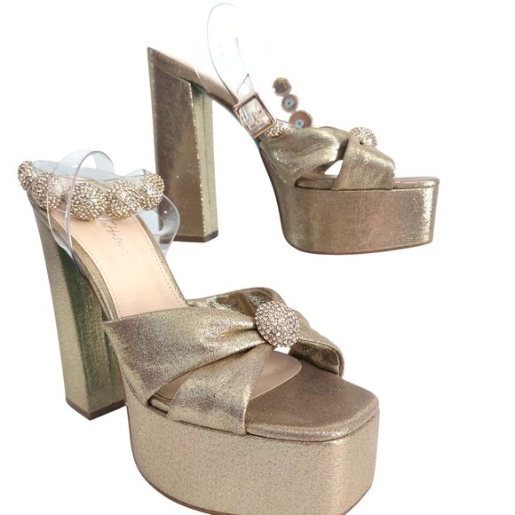 Betsey Johnson Gold Platform Heels 8.5 Rhinestone Glam Going Out Chunky Heel EUC - Picture 4 of 15